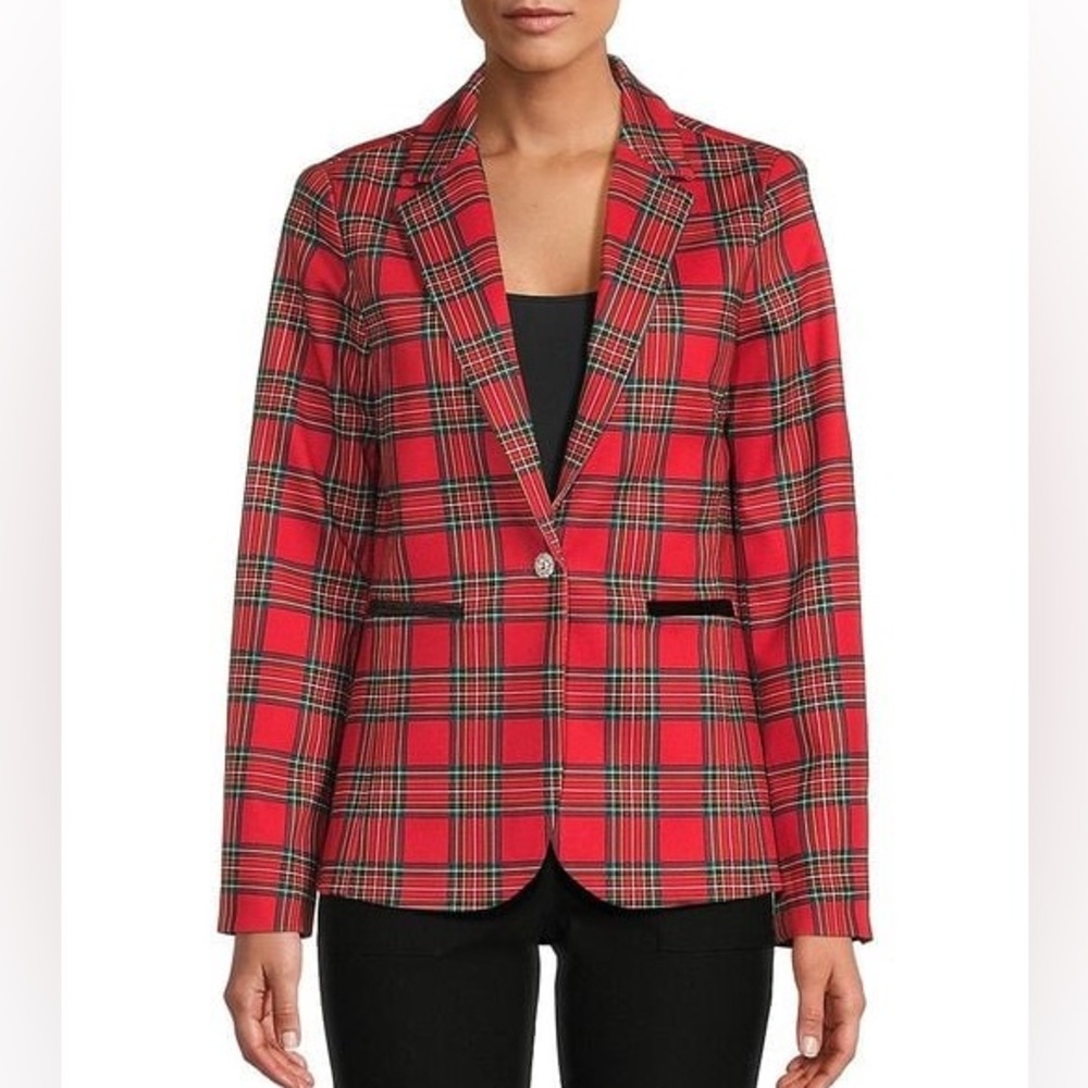 New Nanette Lepore Red Tartan Blazer Plaid Holiday Women M